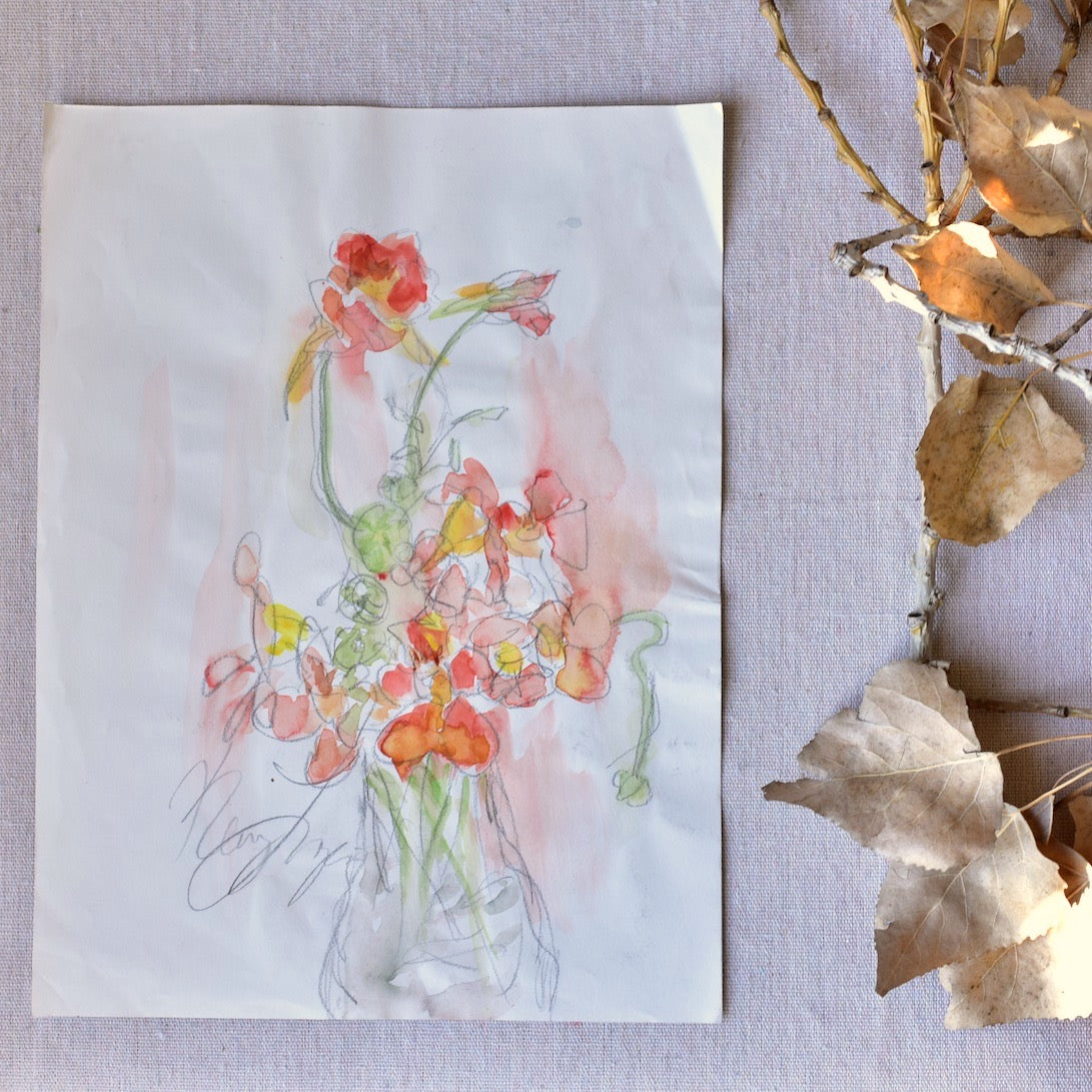 Original Watercolor Painting of Nasturtiums on Paper
